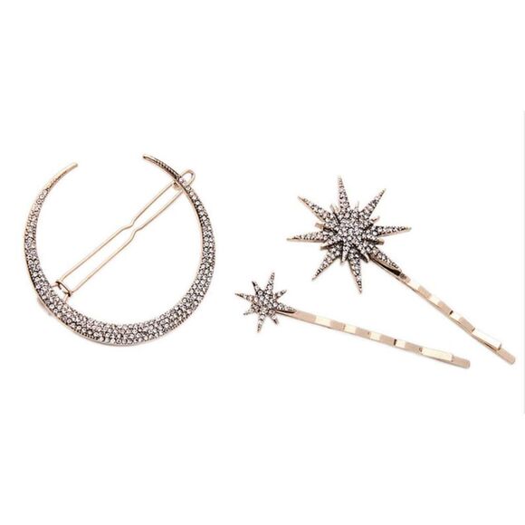 🖤 LAST ONE!  🖤 CRESCENT MOON & STARS GODDESS HAIR PIN BOBBY PIN BLING TRIO NWT - Picture 7 of 7